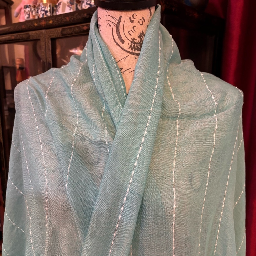 Bohemian Teal Scarf with White embroidery